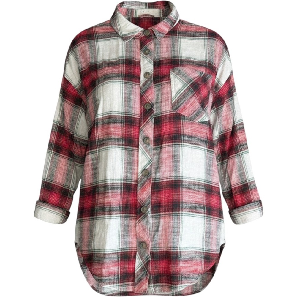 Maurices Flannel Shirt Women 2X Red White Plaid Cotton Relaxed Fit Grunge Cabin